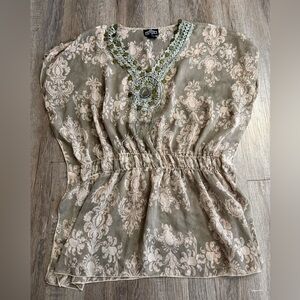 Angie Boho Sheer Blouse Crochet Coin Detail Peasant Top Size large